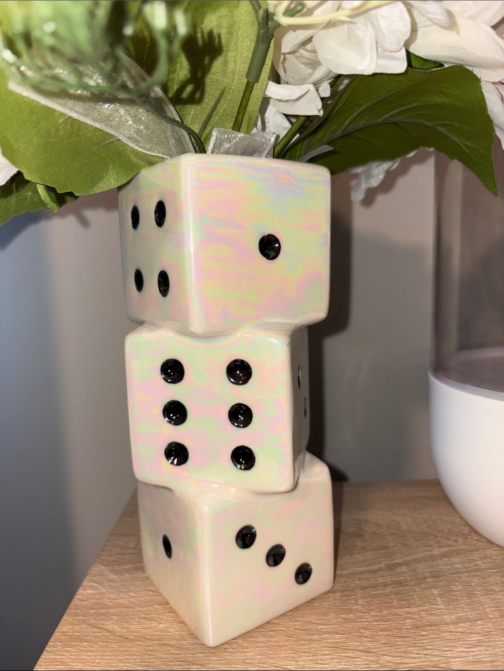 Iridescent Cream Dice Stack Ceramic Vase